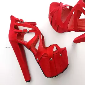 Ankle Cut Red Suede Cage Chunky High Heels