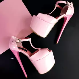 Baby Pink T-strap Platform High Heels