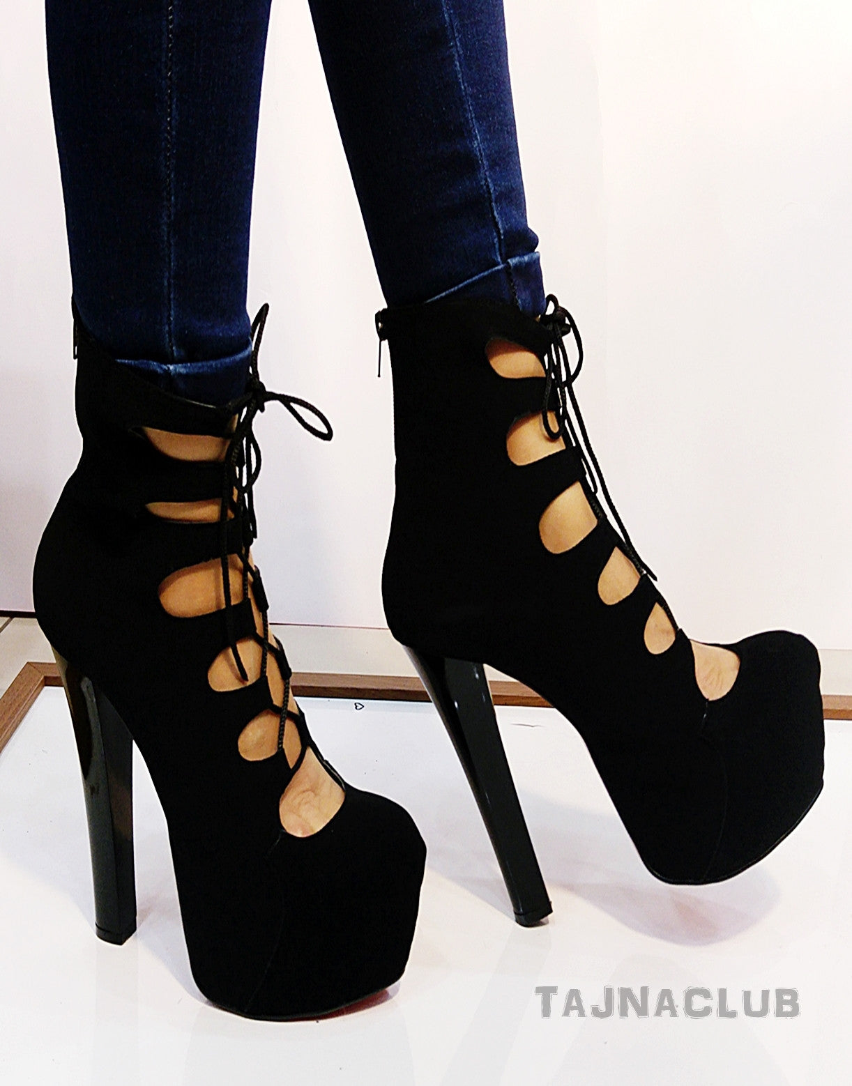 Black Suede Caged Lace up Platform Red High Heels