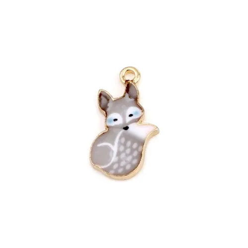 Charms, Fox, Gold Plated, Alloy, Grey, Enameled, 19mm