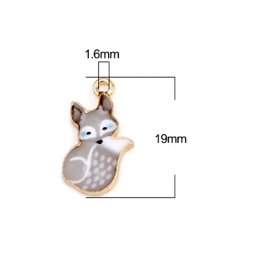 Charms, Fox, Gold Plated, Alloy, Grey, Enameled, 19mm