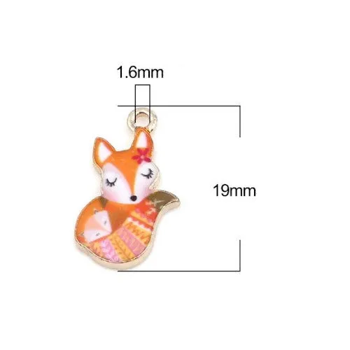 Charms, Fox, Gold Plated, Alloy, Orange, Pink, Enameled, 19mm