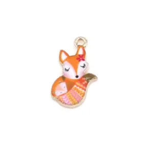 Charms, Fox, Gold Plated, Alloy, Orange, Pink, Enameled, 19mm