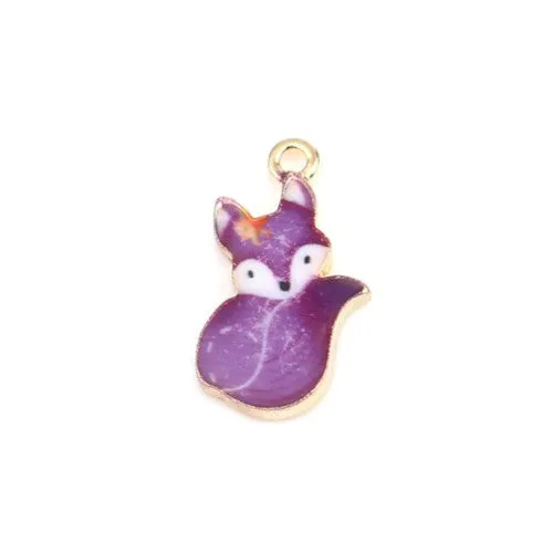 Charms, Fox, Gold Plated, Alloy, Purple, Enameled, 19mm