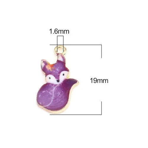 Charms, Fox, Gold Plated, Alloy, Purple, Enameled, 19mm