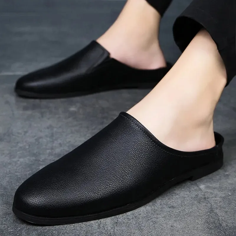 Men Half Shoes Non-slip Lightweight Black Leather Loafers