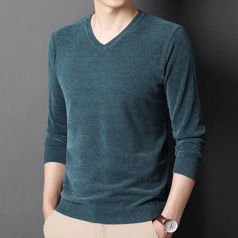 Men's Casual V-Neck Solid Pattern Flat Knitted Standard Wool Pullovers