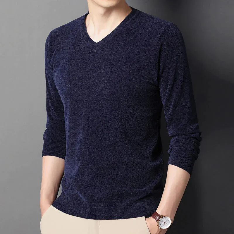 Men's Casual V-Neck Solid Pattern Flat Knitted Standard Wool Pullovers