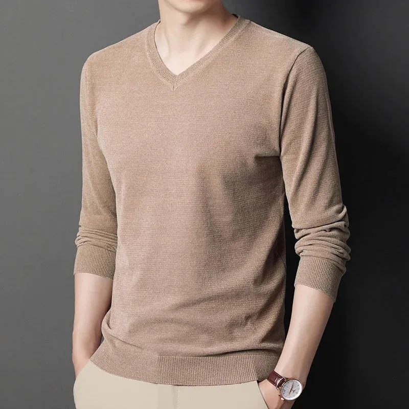 Men's Casual V-Neck Solid Pattern Flat Knitted Standard Wool Pullovers