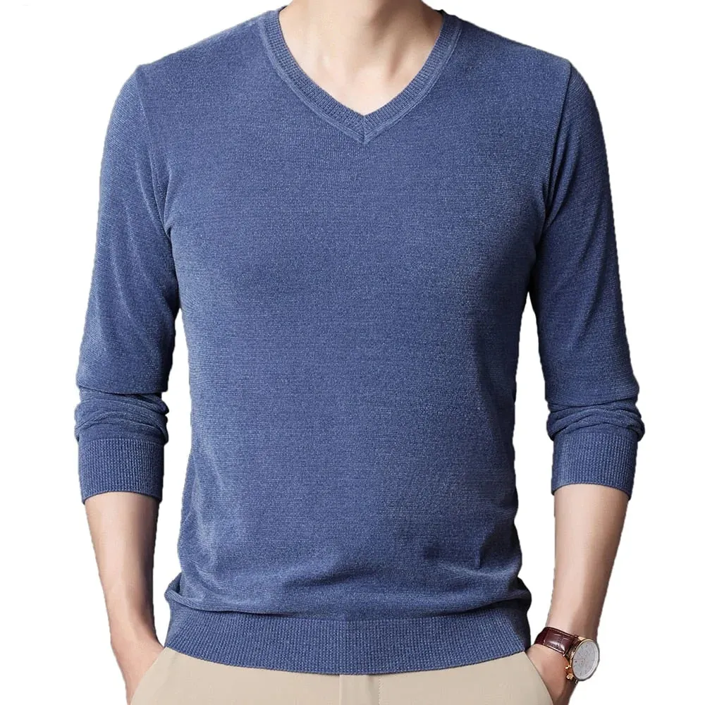 Men's Casual V-Neck Solid Pattern Flat Knitted Standard Wool Pullovers