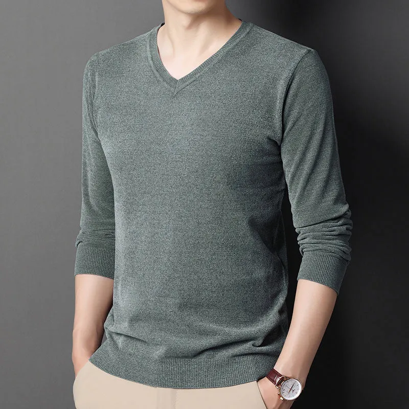 Men's Casual V-Neck Solid Pattern Flat Knitted Standard Wool Pullovers