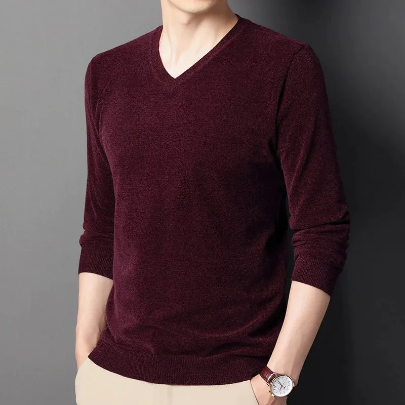 Men's Casual V-Neck Solid Pattern Flat Knitted Standard Wool Pullovers