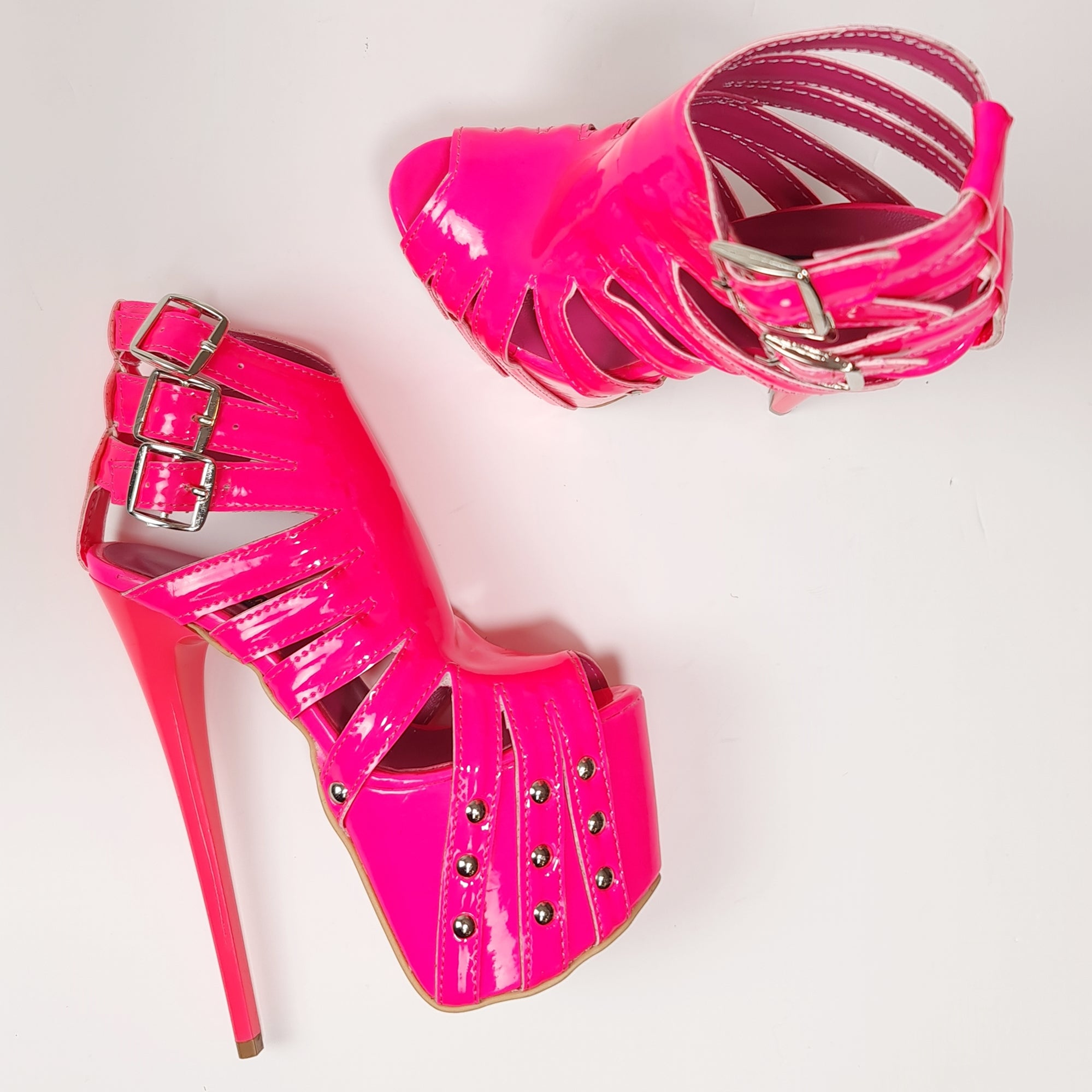 Multi Belted Pink Neon Ankle Cut Pin High Heels