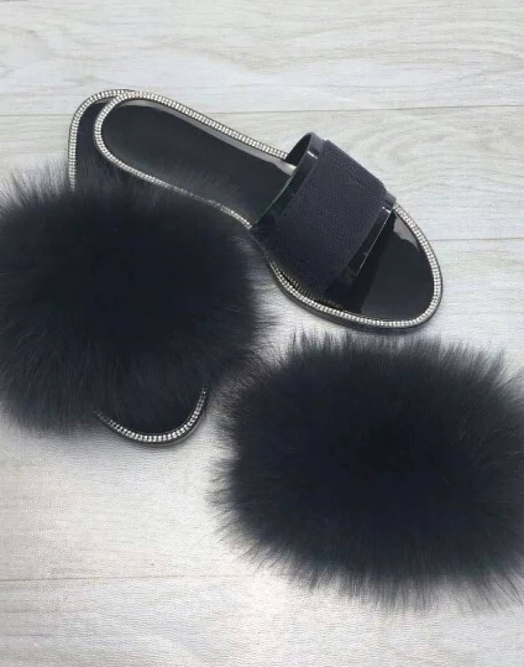 Natural Fur Slides With Rhinestones