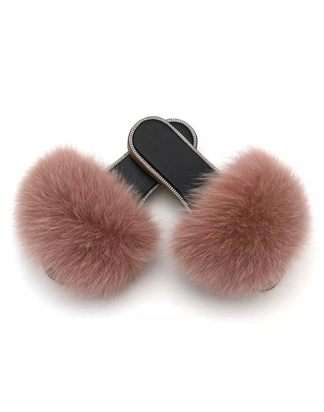 Natural Fur Slides With Rhinestones