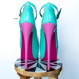 Nile Green Gloss Pink Ankle Strap High Heels