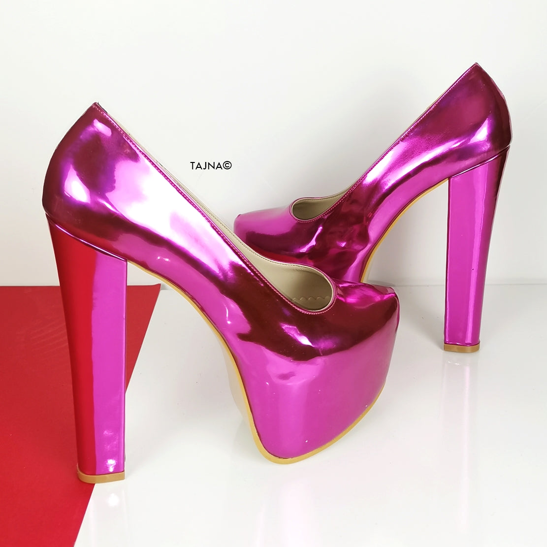 Pink Fucshia Mirror Chunky High Heels