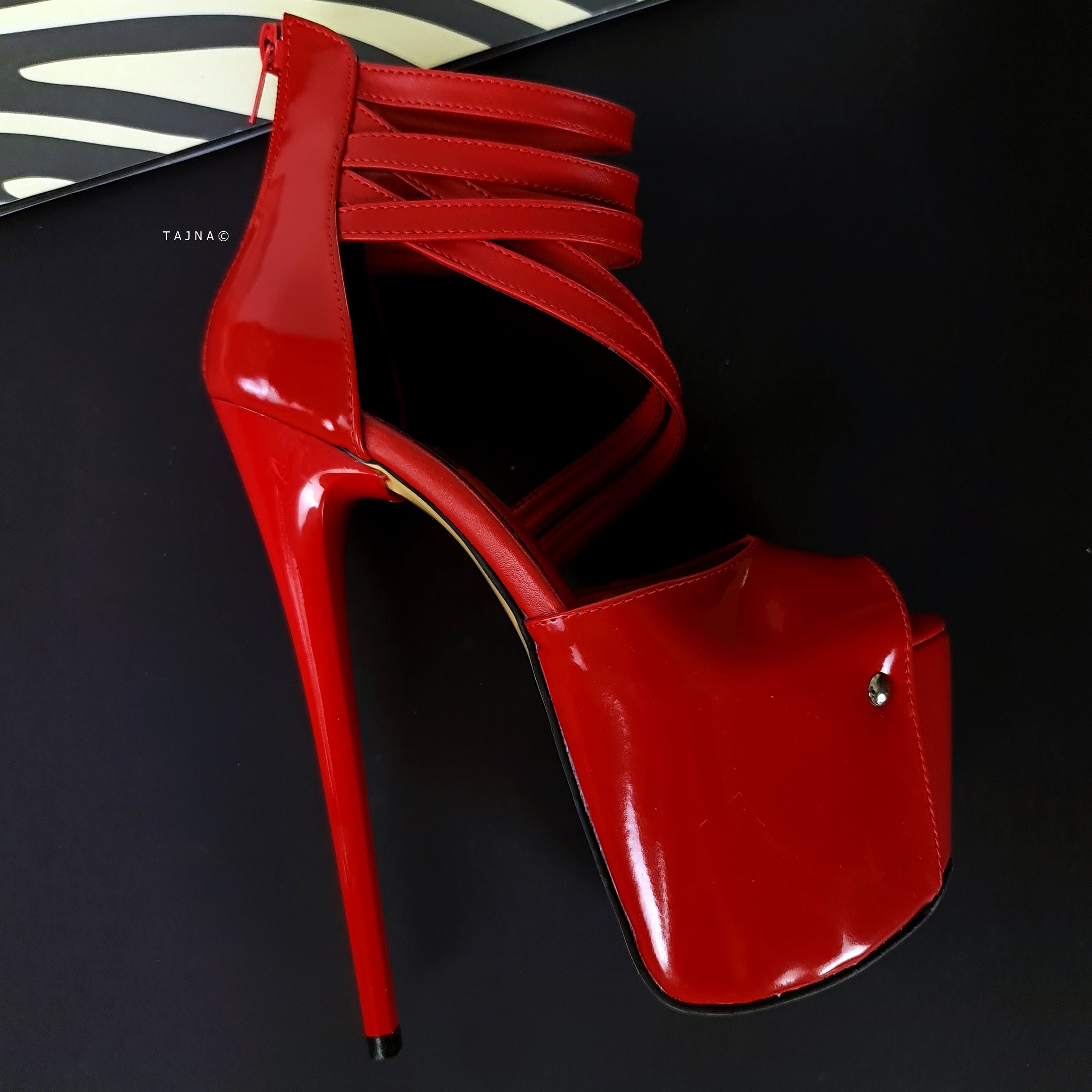 Red Gloss Multi Strap Ankle Cut Peep Toe High Heels