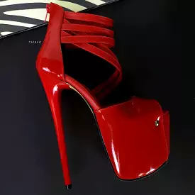 Red Gloss Multi Strap Ankle Cut Peep Toe High Heels