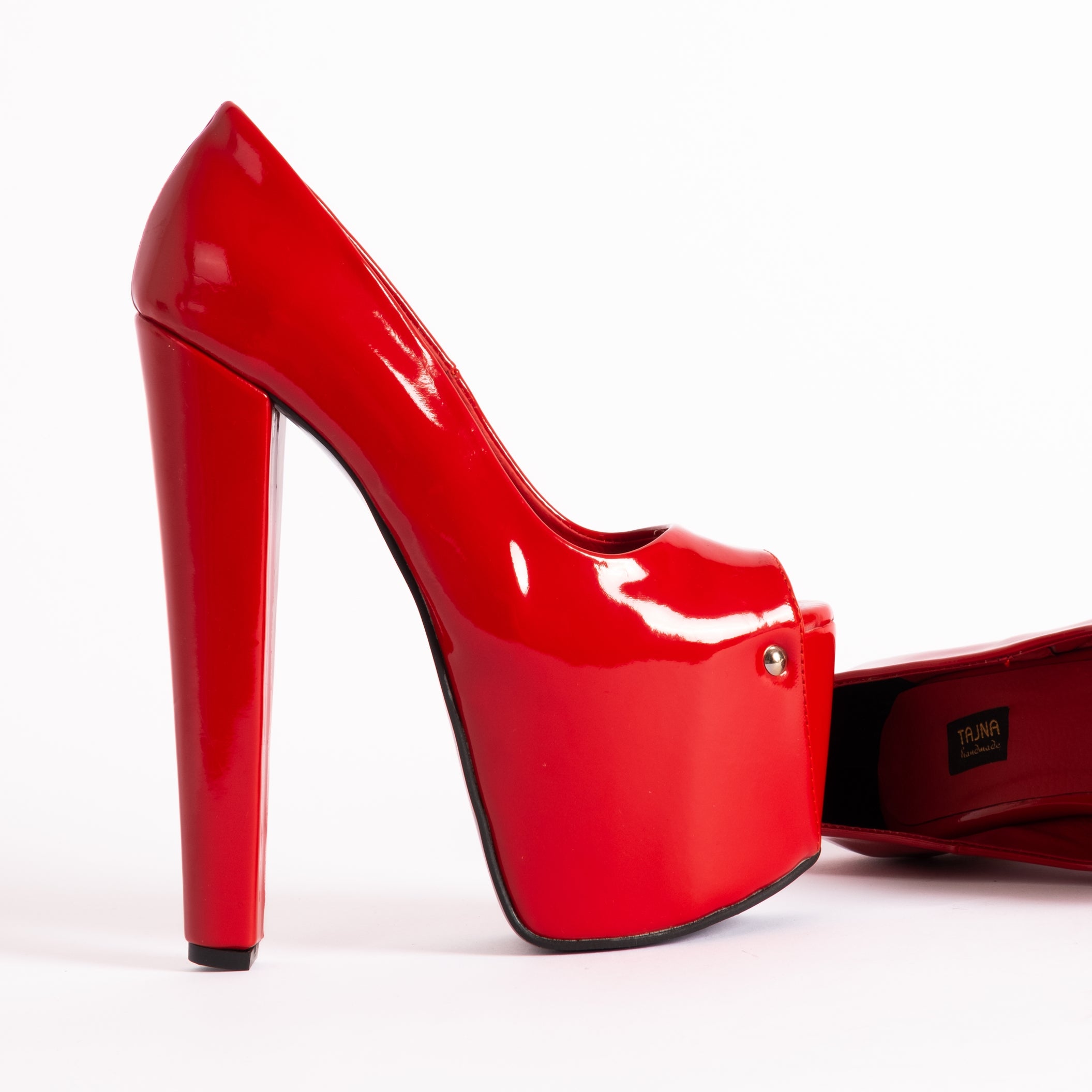 Red Gloss Peep Toe Chunky High Heels