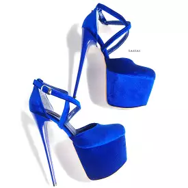 Royal Electric Blue Velvet  Ankle Strap High Heels