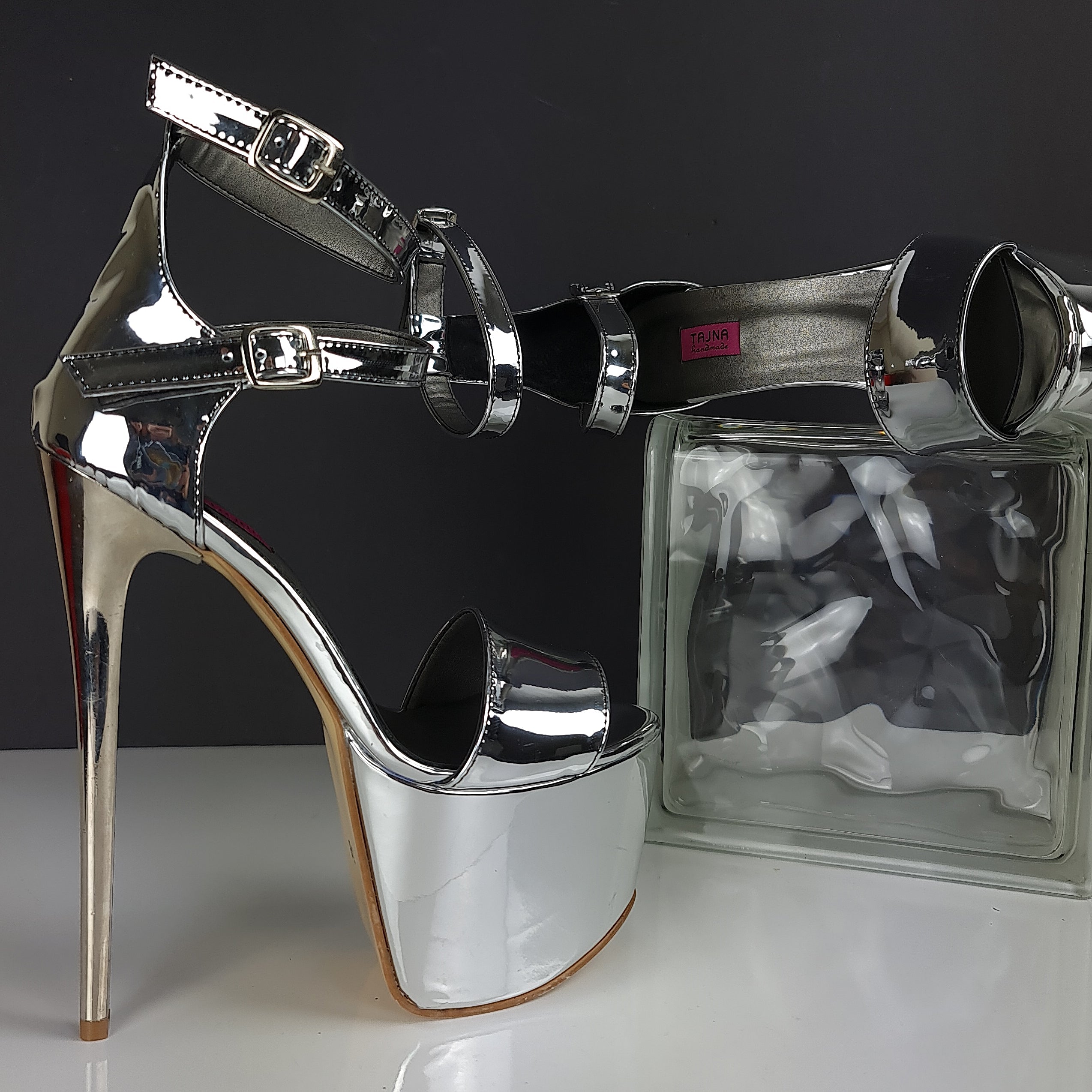 Silver Mirror Double Ankle Strap High Heels