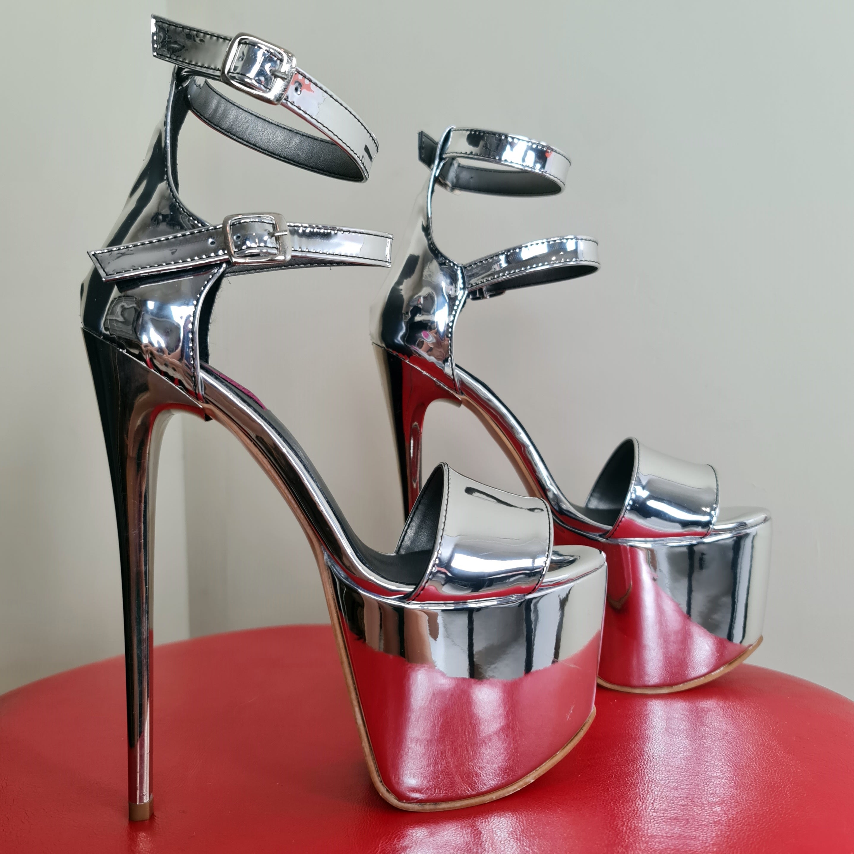 Silver Mirror Double Ankle Strap High Heels