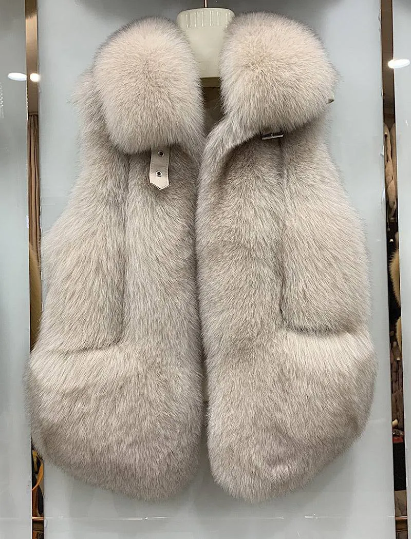 Soft Thick Plush Fox Fur Gilet With Hidden Pockets and Collar