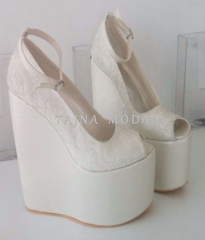 Wedding Ankle Strap Peeptoe Lace Wedge Heel White Platform High Heels Shoes