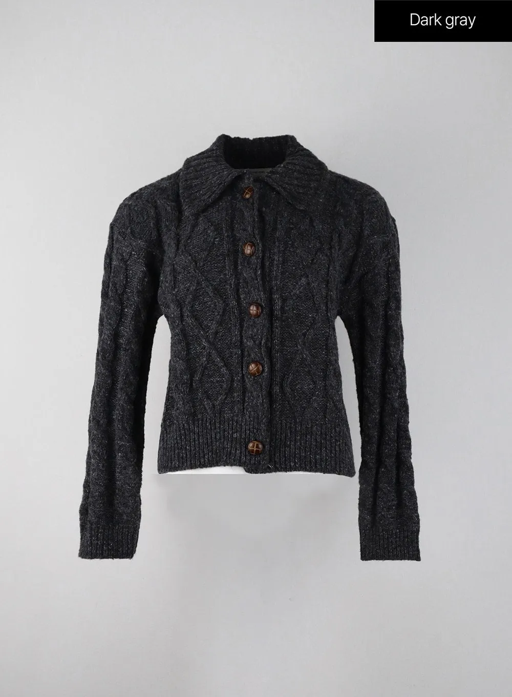 Wool-Blend Cable Knit Collar Solid Button Cardigan IJ402